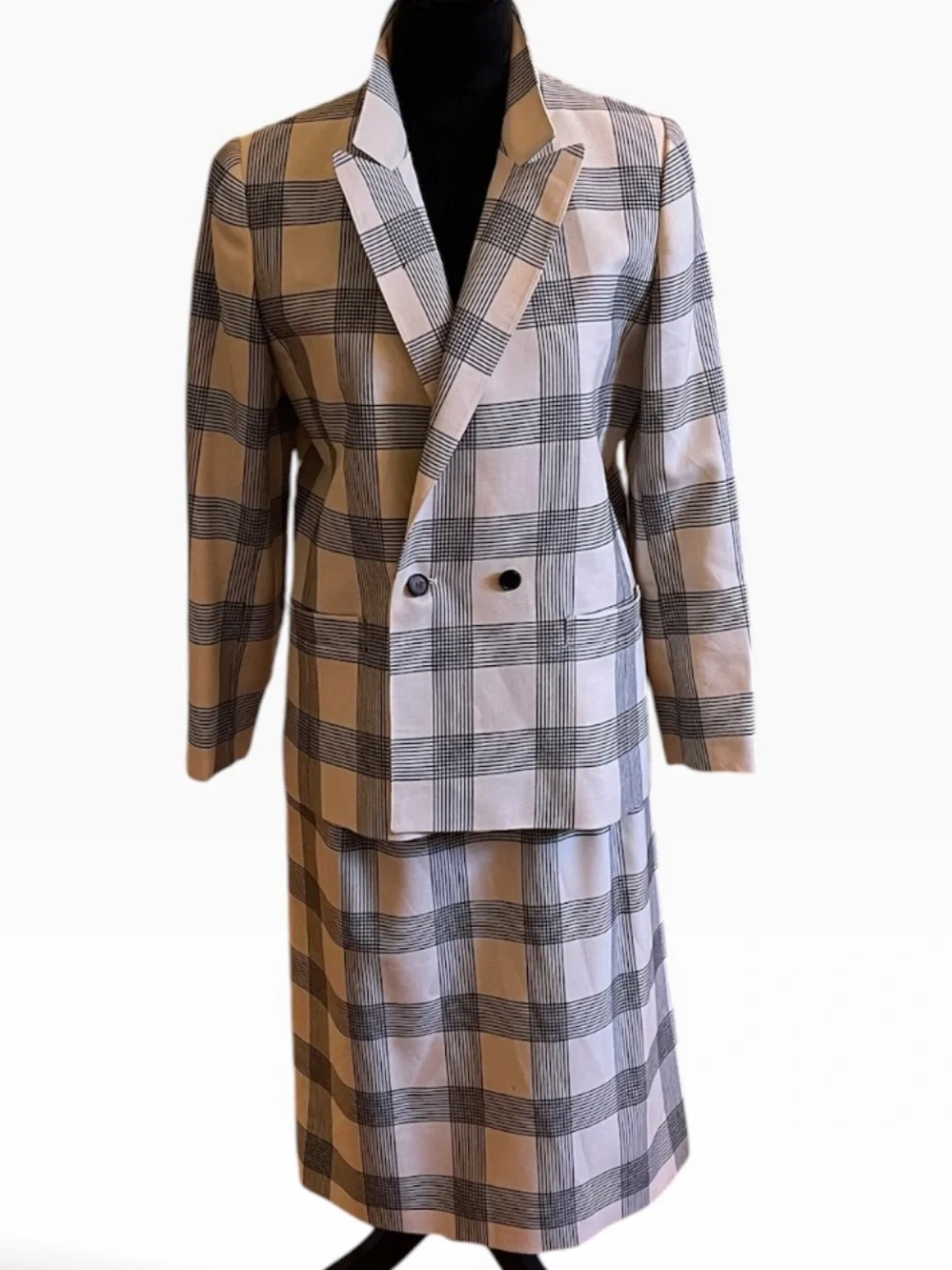 TED LAPIDUS VINTAGE CHECKED DOUBLE BREASTED NAVY & CREAM SUIT SET  SZ 10 /42